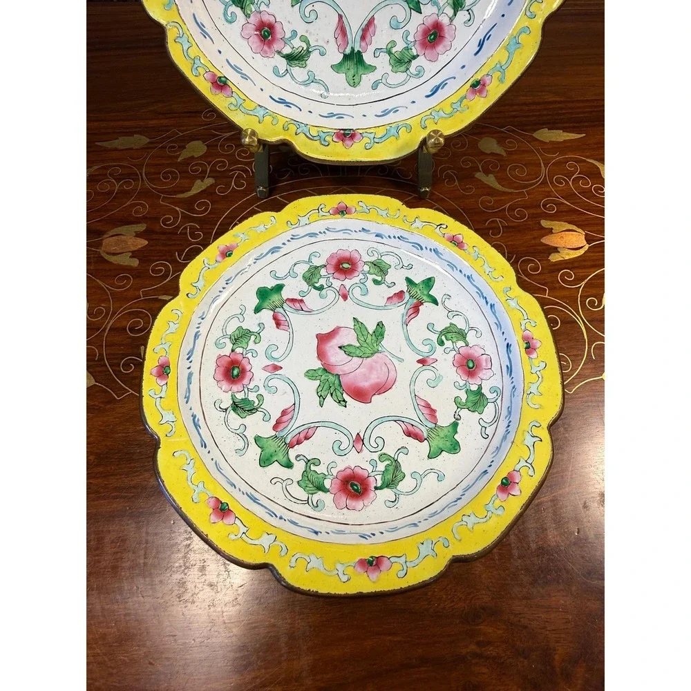 Pair Vintage Chinese Canton Enamel Copper Plates Peach Floral 6